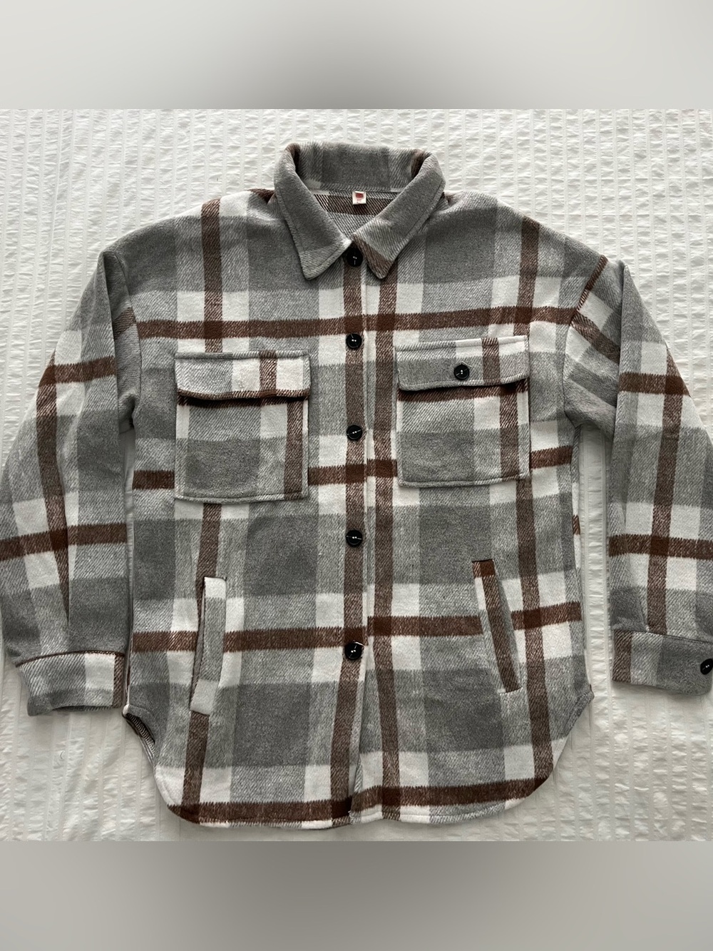 Plaid Button-Up Shacket Jacket in Gray & Brown